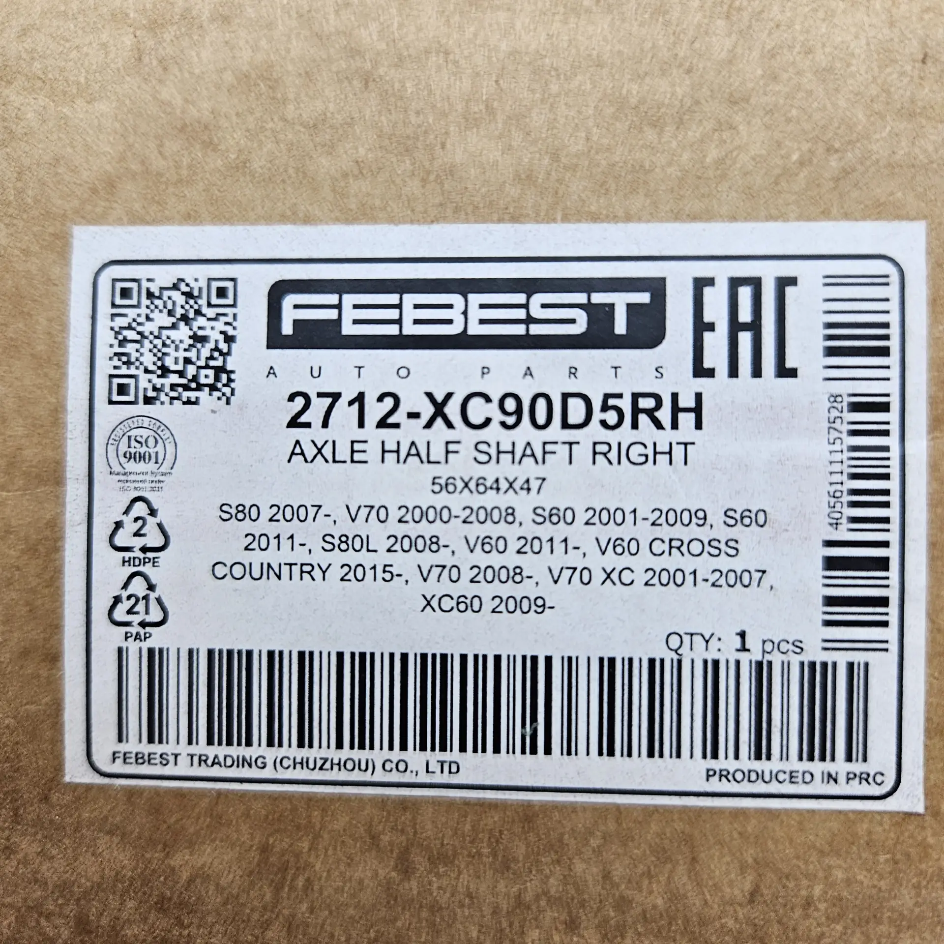 Febest 2712XC90D5RH – Front right drive shaft axle half shaft - analoga detaļa