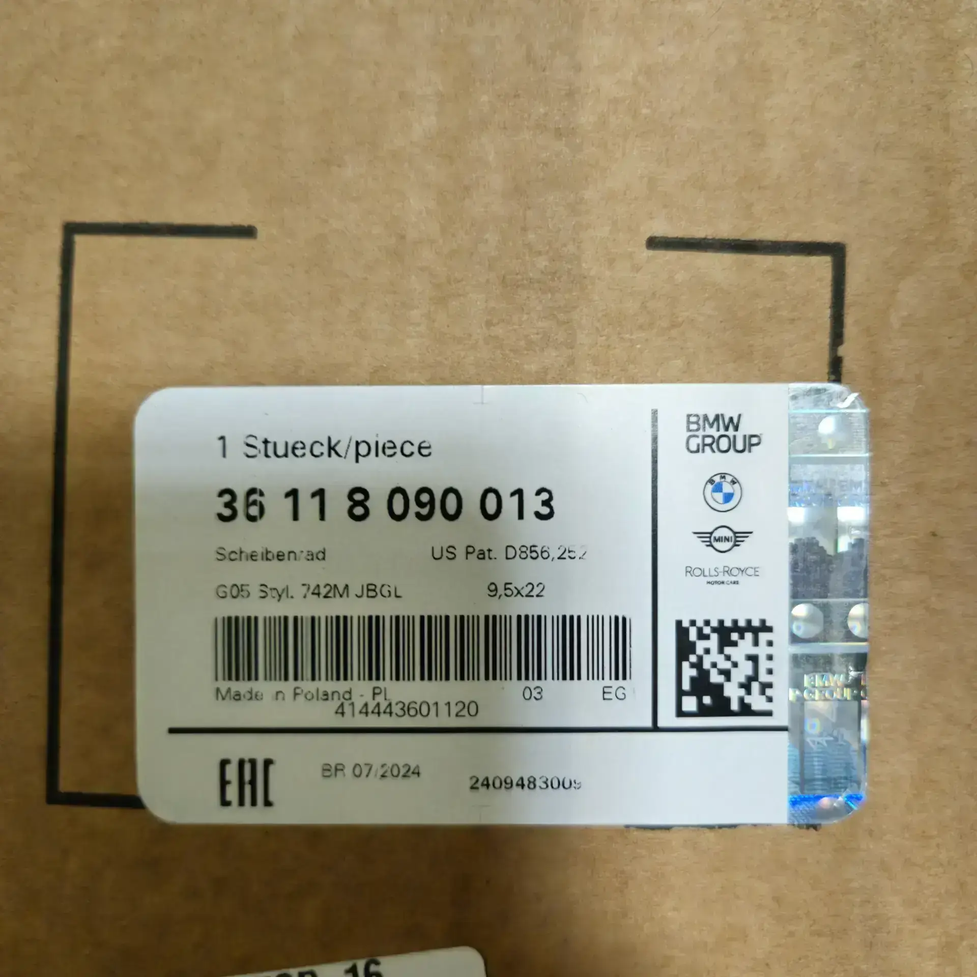 OEM BMW 36118090013 – Light alloy disc 9.5Jx22 ET:37