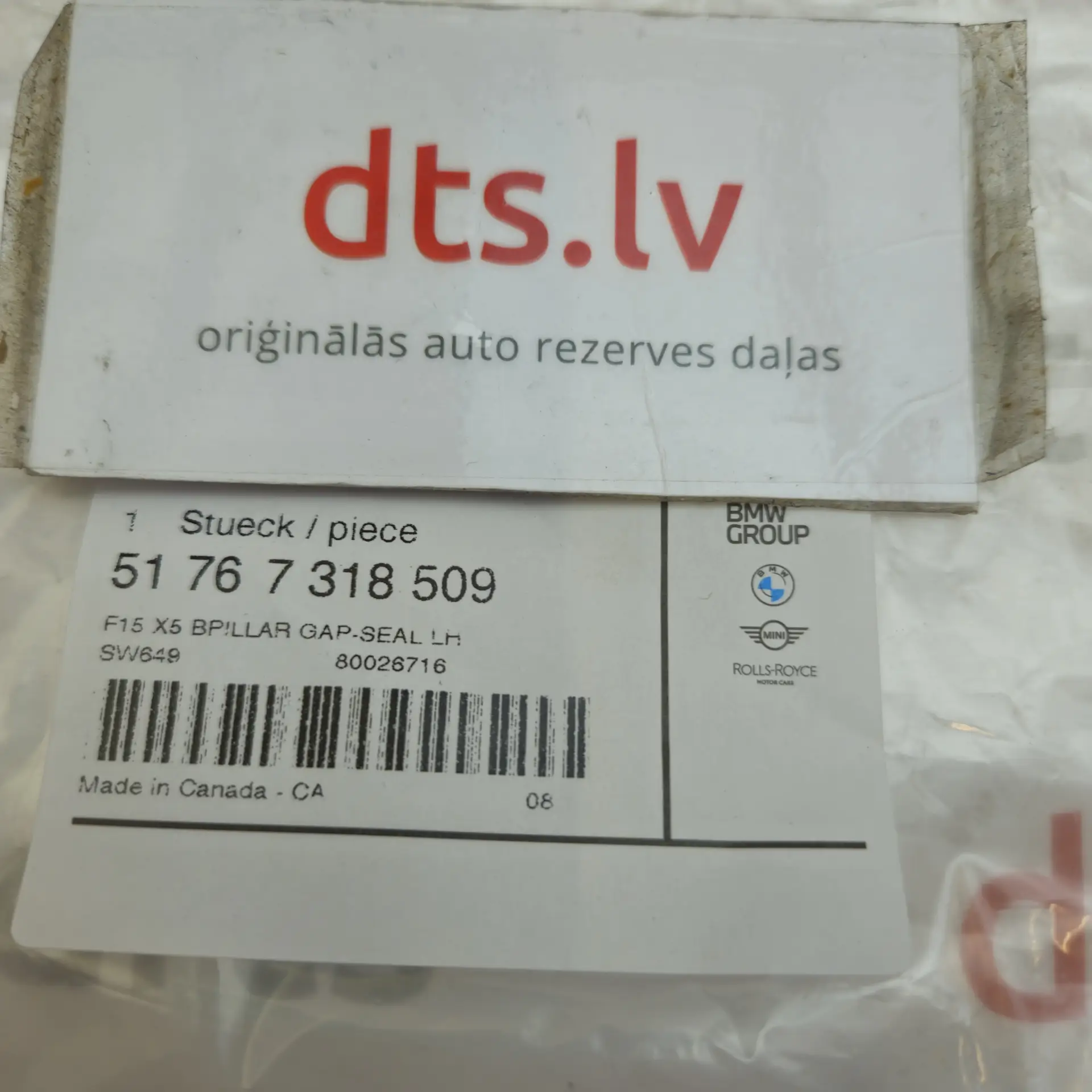 OEM BMW 51767318509 – Left side rear door B-pillar lower weatherstrip seal