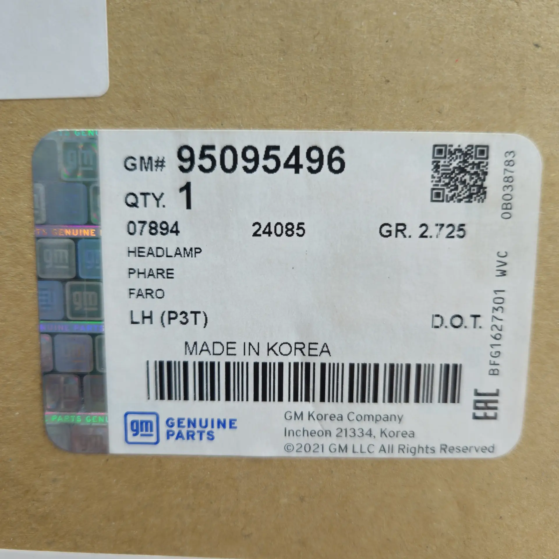 OEM General Motors 95095496 – Left headlight assembly (Halogen)